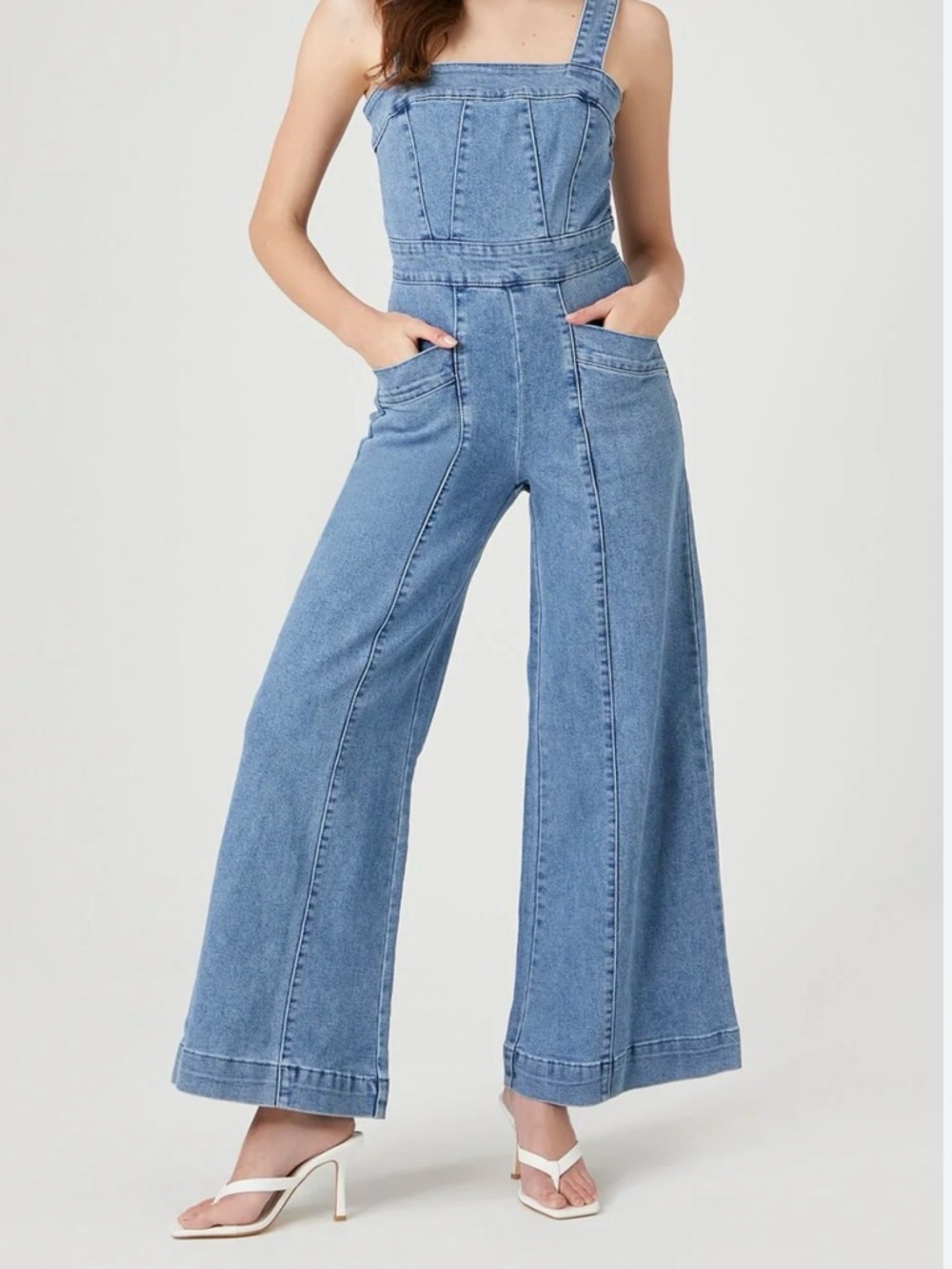 FOREVER 21 Retro Light Blue Chic Wide-Leg Denim Jumpsuit
